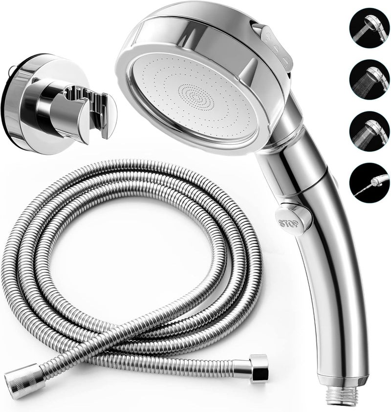 Marbrasse 3-Settings Handheld High Pressure Showerhead with ON/Off Full Shutoff Push Button,Water-saving Camping Shower with Adjustable Angle(Vacuum Suction Shower Head Holder+5 Feet Shower Hose) - Image 1