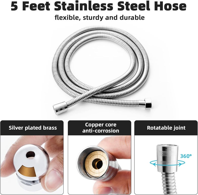 Marbrasse 3-Settings Handheld High Pressure Showerhead with ON/Off Full Shutoff Push Button,Water-saving Camping Shower with Adjustable Angle(Vacuum Suction Shower Head Holder+5 Feet Shower Hose) - Image 4