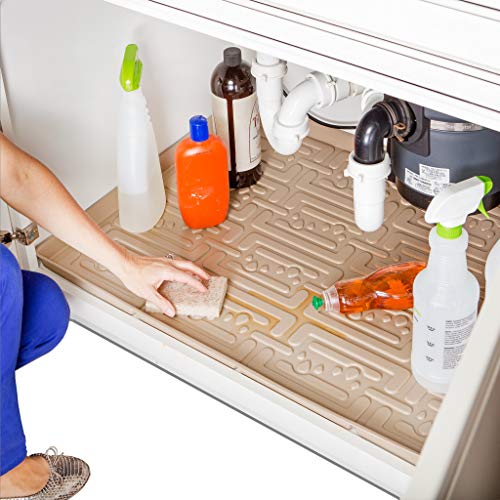 XTREME MATS Waterproof Undersink Mat (Beige 25" 1/4 x 22 1/4) Cabinet Base Liner for Kitchen & Laundry Cabinets Catches Leaks Prevents Damage Flexible Sink Driptray - Image 1