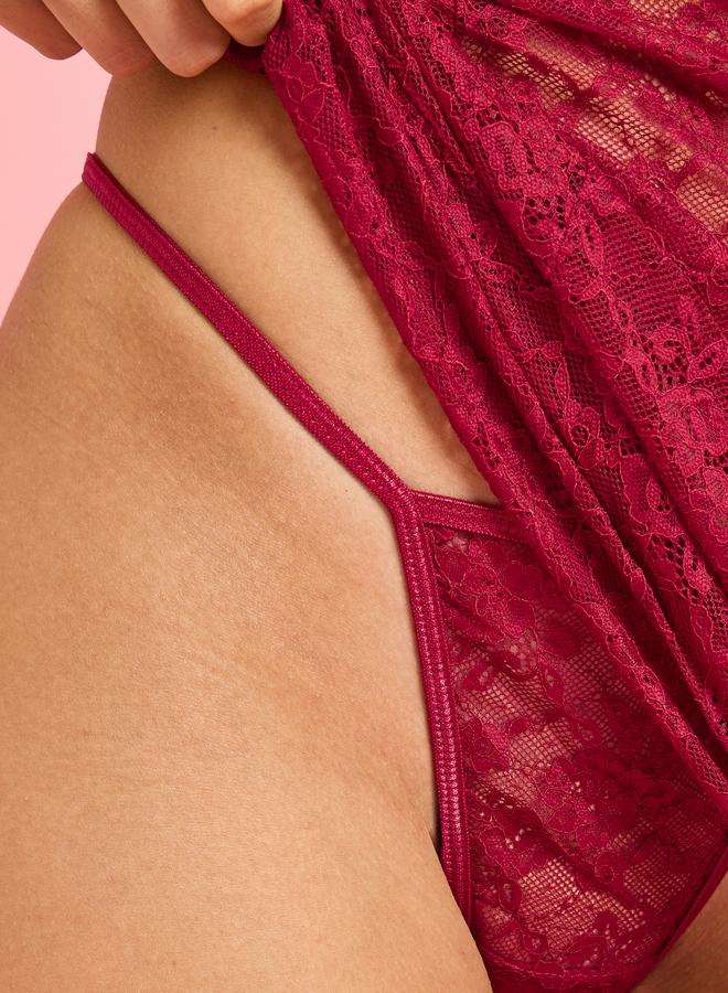 Styli Burgundy Floral Lace Mesh Underwired Slip With Brief - Image 4