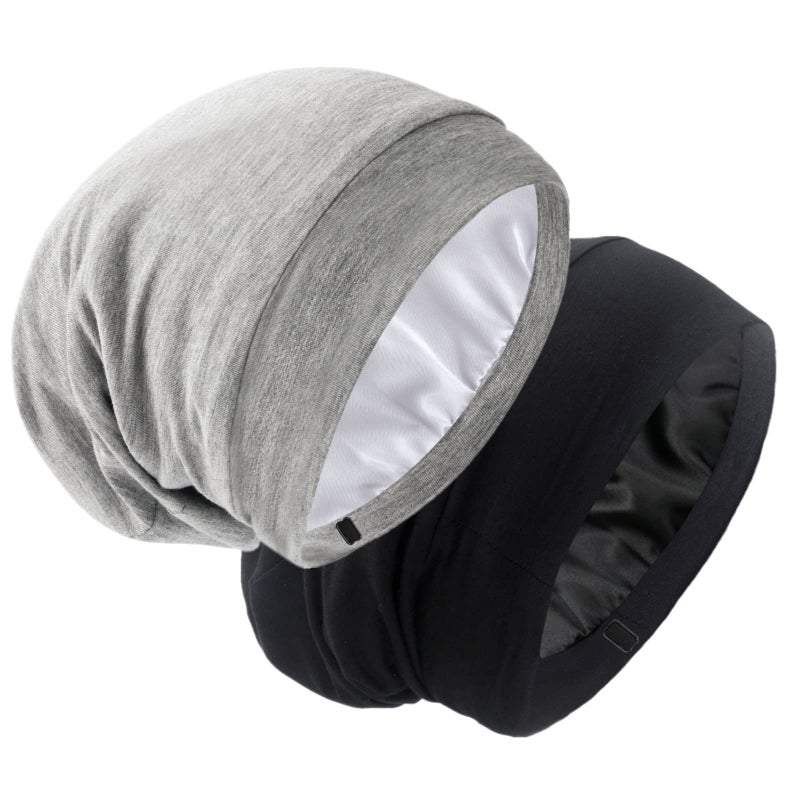 GB Selected SilkySatin Lined Bonnet Sleep Cap  Adjustable Stay on All Night Hair Wrap Cover Slouchy Beanie for Curly Hair Protection for Women and Men  Black  Light Grey
