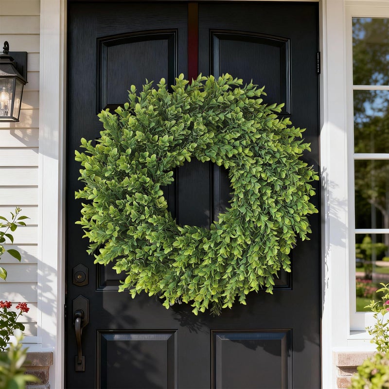 Juxdp 26" Artificial Boxwood Wreath for Front Door - Large Faux Plant Fake Greenery Hanging Wreath for Wall Window Farmhouse Fireplace Home Outdoor Spring Summer Decor - Image 2