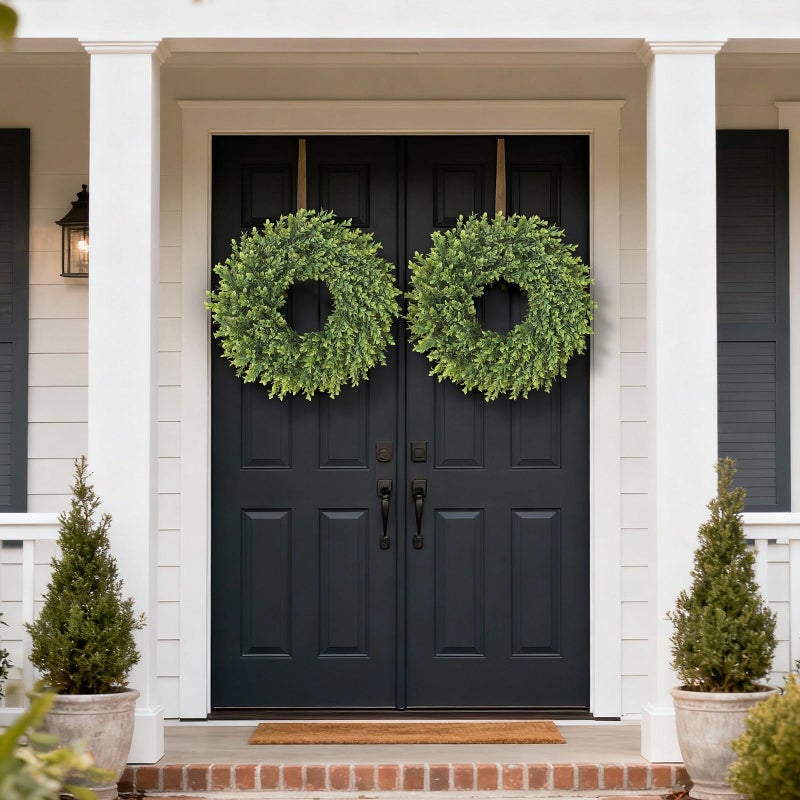 Juxdp 26" Artificial Boxwood Wreath for Front Door - Large Faux Plant Fake Greenery Hanging Wreath for Wall Window Farmhouse Fireplace Home Outdoor Spring Summer Decor - Image 3