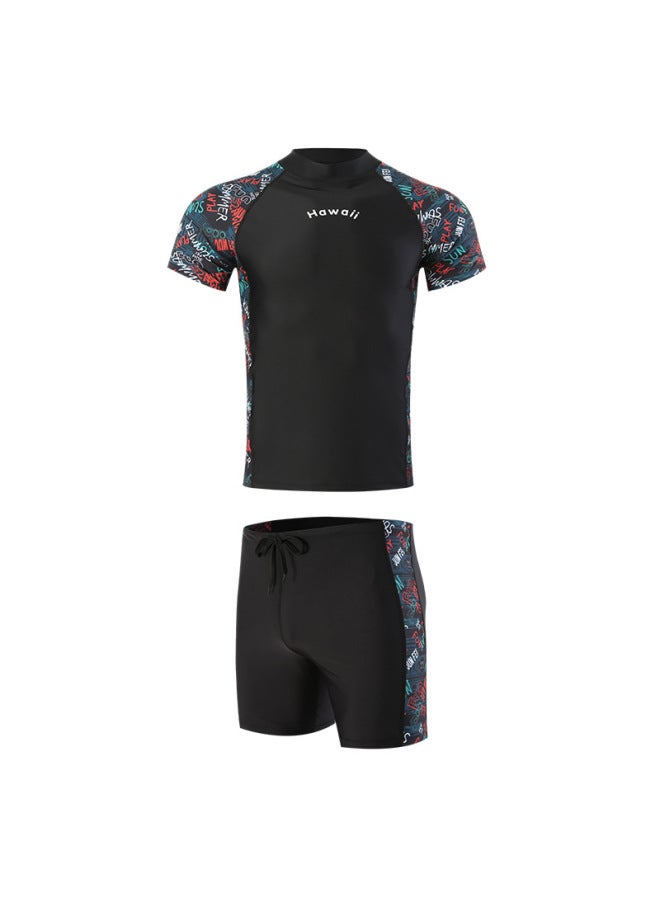 Loquat Adult Swimming Suit Men's Split Two-piece Set Men's Sunscreen Short-sleeved Surfing Snorkeling Suit Warm Hot Spring Men's Swimwear-Color:Four Stitches And Six Lines At The Bottom Of The Flower- - Image 1