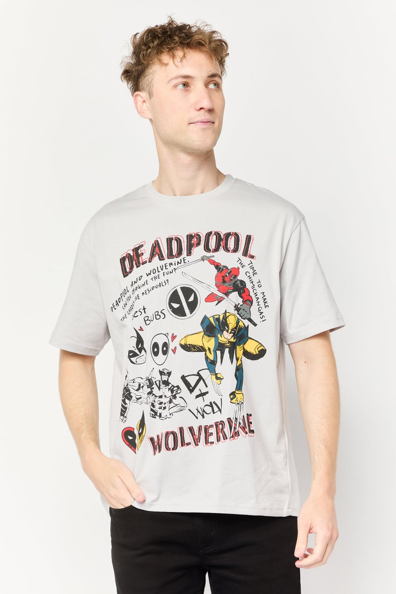 MARVEL Men Deadpool And Wolverine Crew Neck Short Sleeves T-Shirt, Light Grey - Image 1