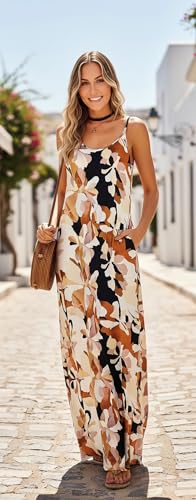 Supnier Summer Floral Dresses for Women 2025 Sexy V-Neck Flowy Beach Maxi Dresses Casual Wear(L,Taupe/Black) - Image 2