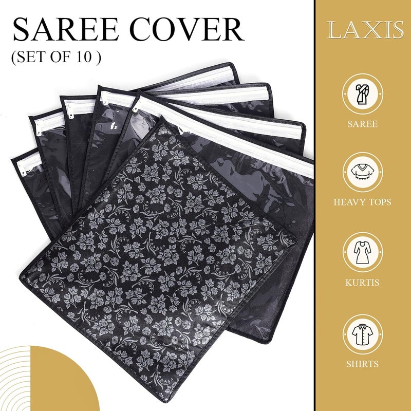 LAXIS ® Non-Woven Printed Single Saree Cover, Saree Bag Pack of 10Pcs, Transparent Saree Covers With Zip, Saree Covers For Storage, Wardrobe Organiser, Size-36x42x2cm (Black) - Image 3