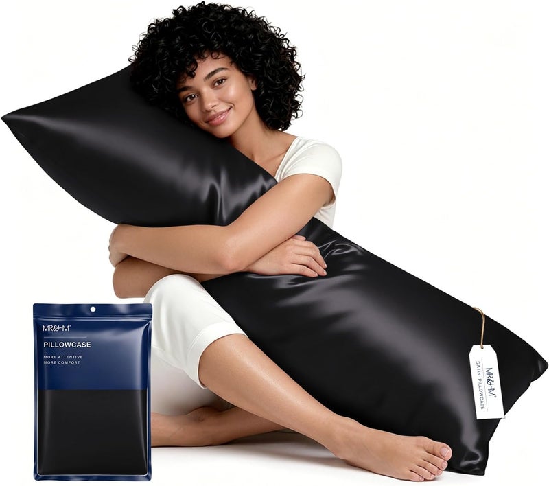 MR&HM Satin Body Pillow Cover, Soft and Breathable Body Pillow Case with Envelope Closure, Cooling and Silky Long Pillowcase for Hair and Skin,Grey (20x54, Black) - Image 1