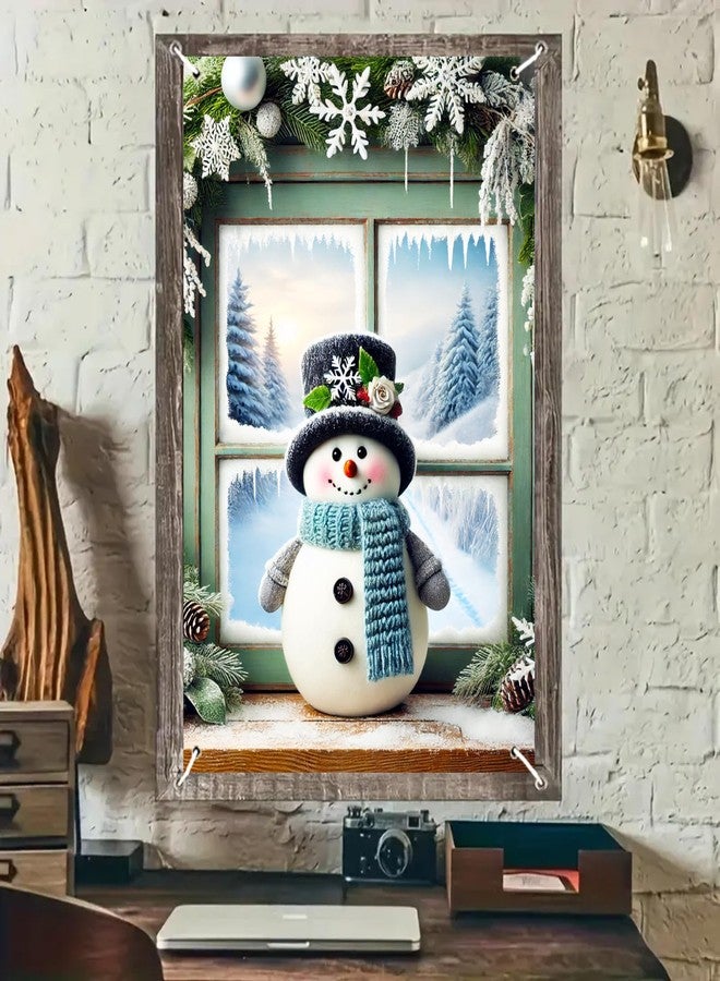 زينة نوافذ عيد الميلاد من بليس يارد، مقاس 32 × 47 بوصة، غطاء نافذة عيد الميلاد، رجل ثلج مبتسم، قبعة علوية، وشاح، مشهد غابة شتوية، فن نافذة عيد الميلاد الرائع لتزيين المنزل الداخلي والخارجي والحفلات - Image 1