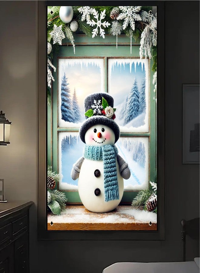 زينة نوافذ عيد الميلاد من بليس يارد، مقاس 32 × 47 بوصة، غطاء نافذة عيد الميلاد، رجل ثلج مبتسم، قبعة علوية، وشاح، مشهد غابة شتوية، فن نافذة عيد الميلاد الرائع لتزيين المنزل الداخلي والخارجي والحفلات - Image 4