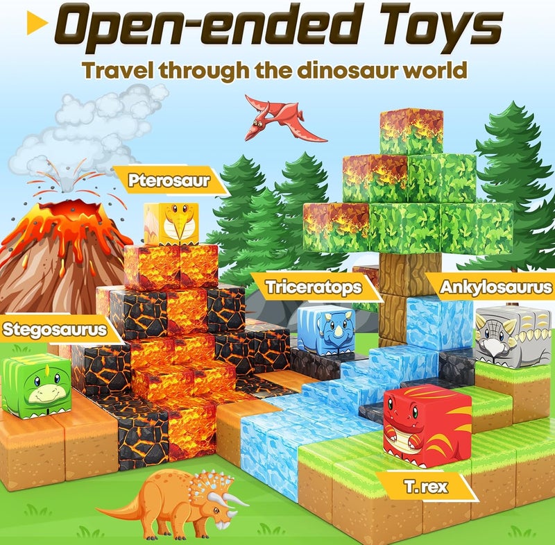 Toylogy لعبة الديناصورات المغناطيسية من - مكعبات بناء عالم المغناطيس، إصدار البركان، لعبة أطفال للأولاد والبنات من عمر 3+ سنوات، لعبة مونتيسوري جوراسيك، هدايا للأطفال - Image 2