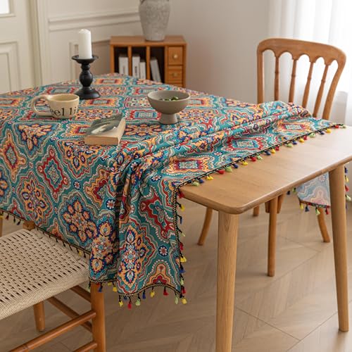 Erbnaryx Handblock Print Tablecloth for Square Tables, Boho Table Cover with Fringed Edges, Decorative Tablecloth for Kitchen and Dining Room,59"x 102" - Image 3