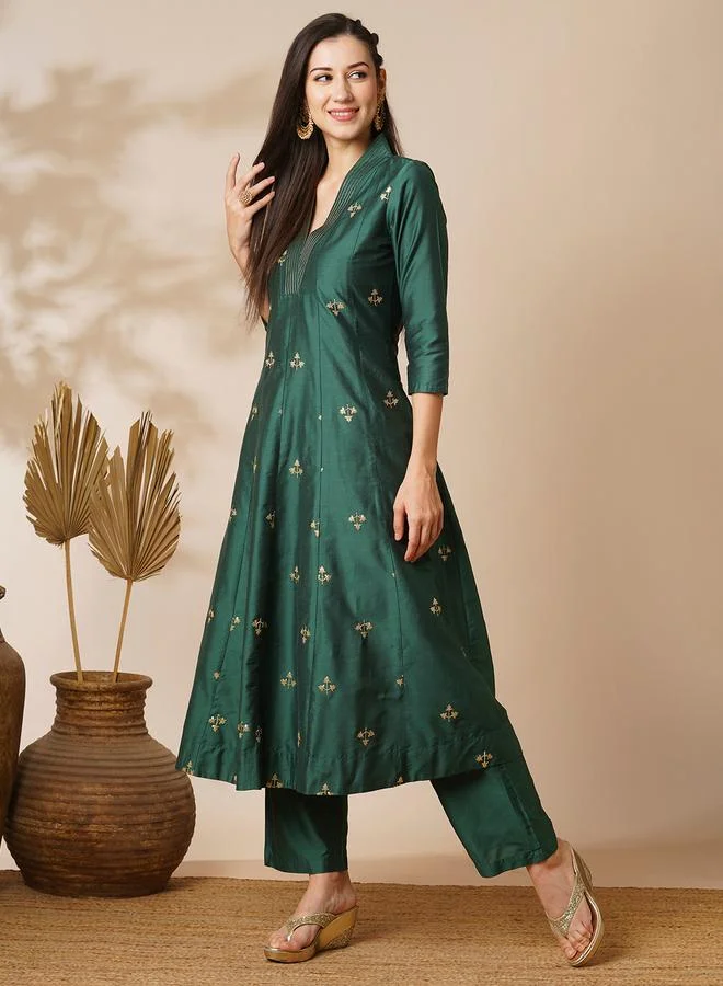 Globus Green Embroidered Art Silk Kurta and Straight Pants Set