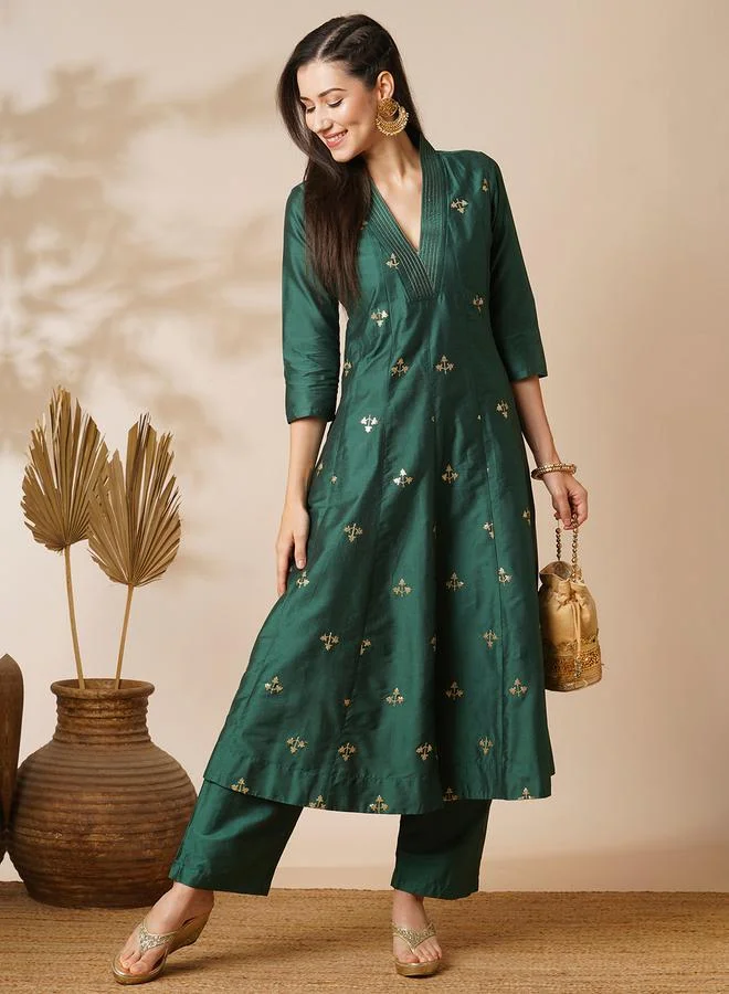 Globus Green Embroidered Art Silk Kurta and Straight Pants Set