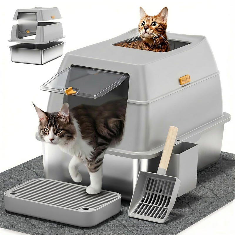 Lobeve Stainless Steel Litter Box with Lid,Front Entry Top Exit Kitty LitterBox,Extra Large Enclosed Metal Cat Box with Litter Scoop & Litter Mat-Light Gray - Image 1