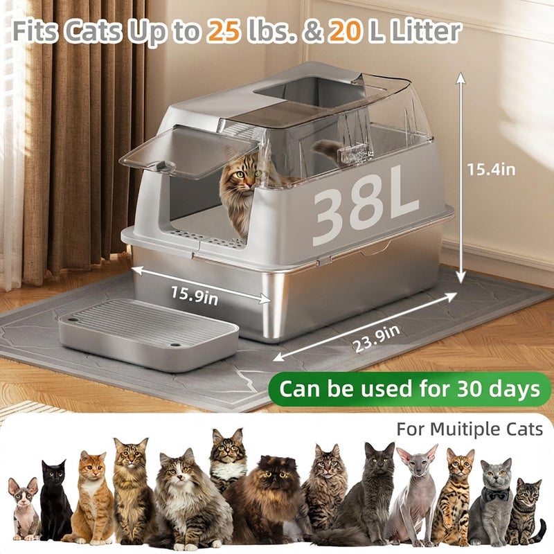 Lobeve Stainless Steel Litter Box with Lid,Front Entry Top Exit Kitty LitterBox,Extra Large Enclosed Metal Cat Box with Litter Scoop & Litter Mat-Light Gray - Image 2