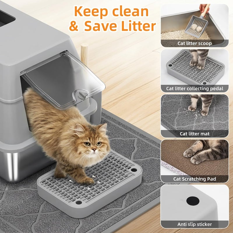 Lobeve Stainless Steel Litter Box with Lid,Front Entry Top Exit Kitty LitterBox,Extra Large Enclosed Metal Cat Box with Litter Scoop & Litter Mat-Light Gray - Image 5
