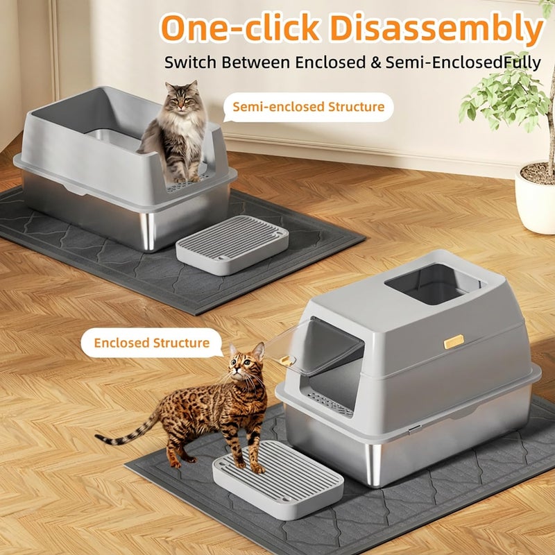 Lobeve Stainless Steel Litter Box with Lid,Front Entry Top Exit Kitty LitterBox,Extra Large Enclosed Metal Cat Box with Litter Scoop & Litter Mat-Light Gray - Image 3