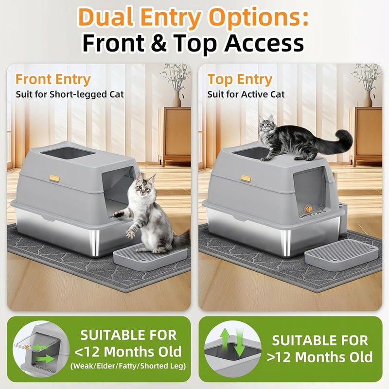 Lobeve Stainless Steel Litter Box with Lid,Front Entry Top Exit Kitty LitterBox,Extra Large Enclosed Metal Cat Box with Litter Scoop & Litter Mat-Light Gray - Image 4
