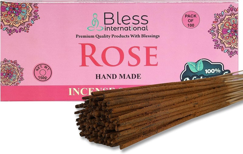 Bless International BlessRose 100NaturalHandmadeHandDippedIncenseSticks OrganicChemicalsCharcoalFree PurificationRelaxationPositivityYogaMeditation BestWoodsScent 100 Sticks 150GM