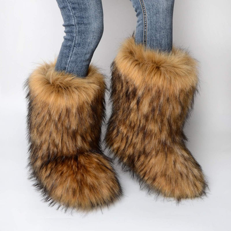 QMFUR Women's Furry Faux Fur Boots Knee High Snow Boots Fuzzy Fluffy Flat boot Winter Warm Fashion Boots (Brown, adult, women, numeric_8, numeric, us_footwear_size_system, medium) - Image 5