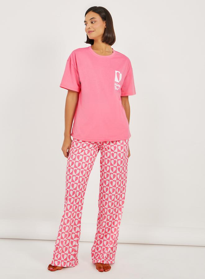Styli Split Heart Graphic Dropped Shoulder T-Shirt & Pyjama Set  - Image 1
