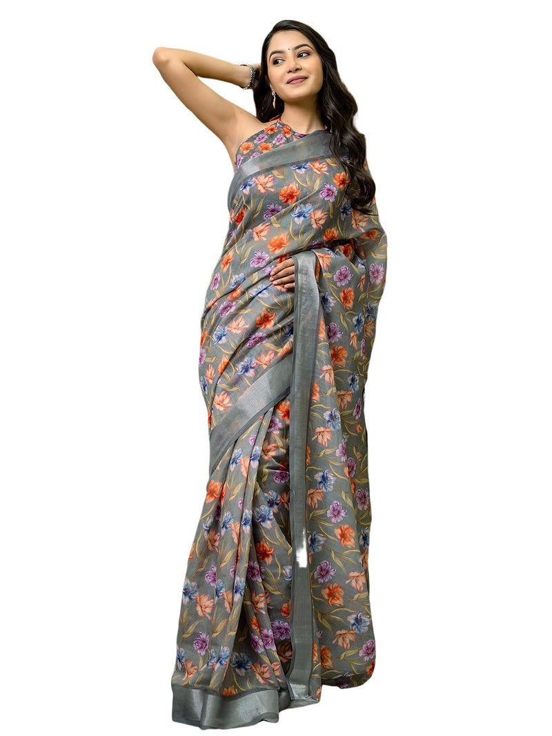 Satrani Women's Linen Zari Border Printed Ready To Wear One Minute Pre-Draped Saree with Unstitched Blouse Piece (53Rs126N_Sage Green) - Image 1