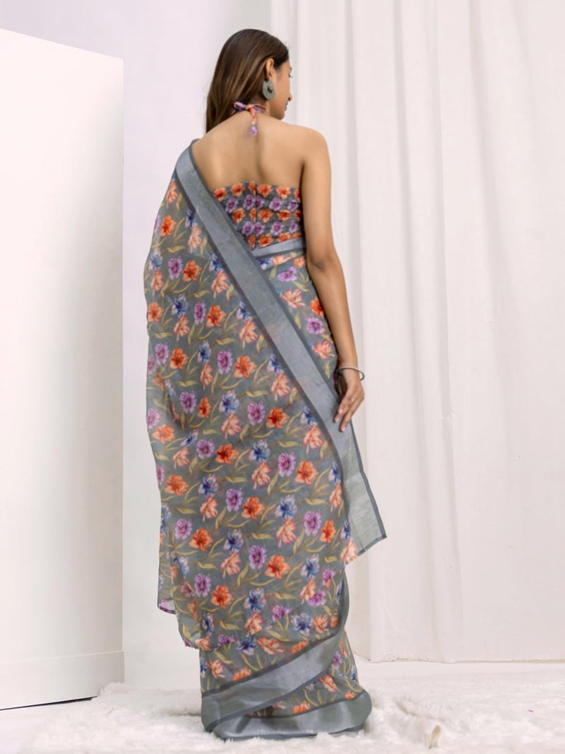 Satrani Women's Linen Zari Border Printed Ready To Wear One Minute Pre-Draped Saree with Unstitched Blouse Piece (53Rs126N_Sage Green) - Image 2