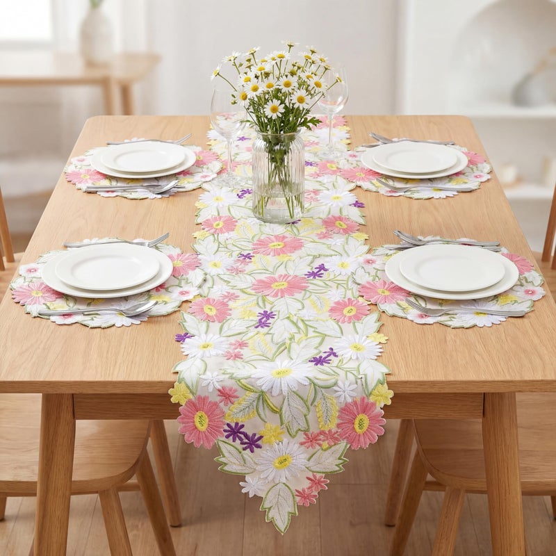 Kathfly Spring Flowers Table Runner and Placemats Set of 5 13 x 54'' Daisy Embroidered Flowery Table Linen 15'' Floral Cutwork Embroidered Placemats for Home Spring Kitchen Dining Tabletop Decor - Image 3