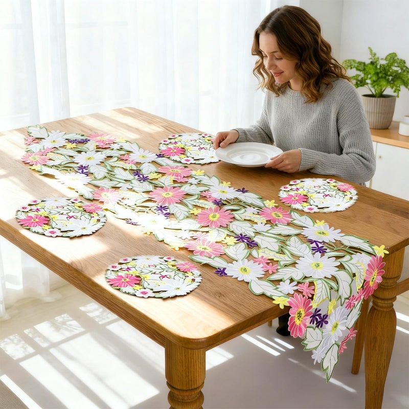 Kathfly Spring Flowers Table Runner and Placemats Set of 5 13 x 54'' Daisy Embroidered Flowery Table Linen 15'' Floral Cutwork Embroidered Placemats for Home Spring Kitchen Dining Tabletop Decor - Image 4