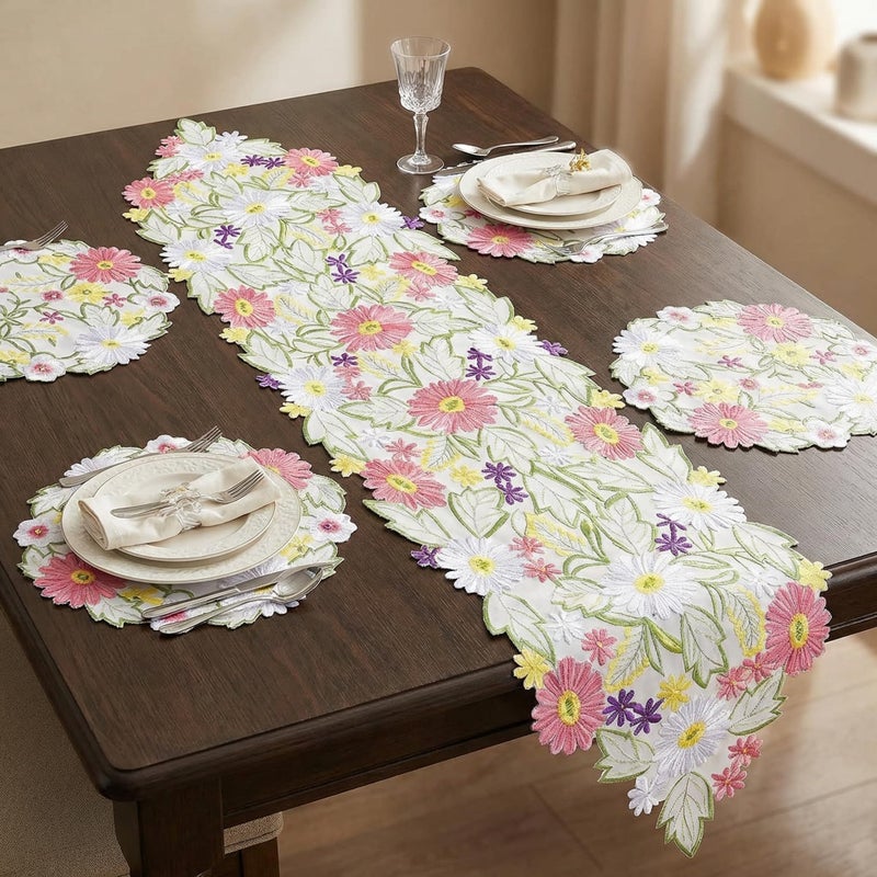 Kathfly Spring Flowers Table Runner and Placemats Set of 5 13 x 54'' Daisy Embroidered Flowery Table Linen 15'' Floral Cutwork Embroidered Placemats for Home Spring Kitchen Dining Tabletop Decor - Image 1