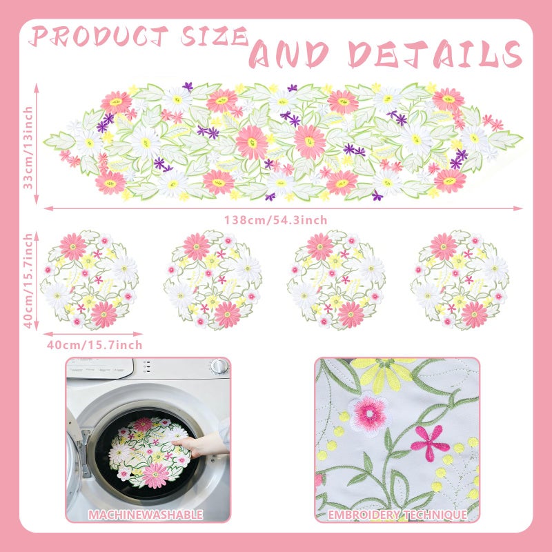 Kathfly Spring Flowers Table Runner and Placemats Set of 5 13 x 54'' Daisy Embroidered Flowery Table Linen 15'' Floral Cutwork Embroidered Placemats for Home Spring Kitchen Dining Tabletop Decor - Image 2