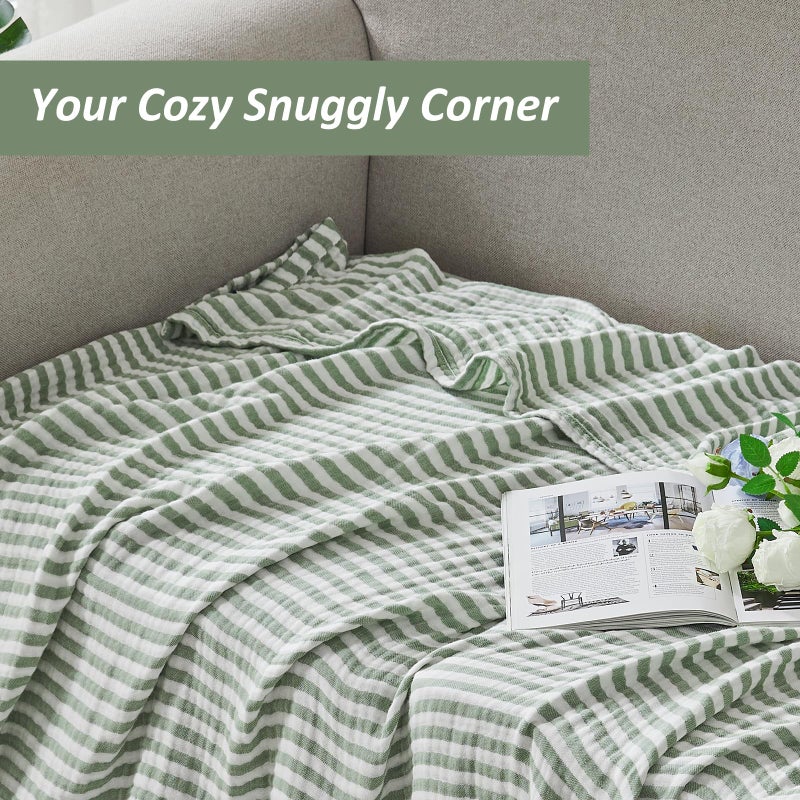 EMME Cotton Muslin Large Throw Blanket Couch Breathable Gauze Soft Lightweight Bed Blankets Adults (Striped Sage Green, 50"x70") - Image 3