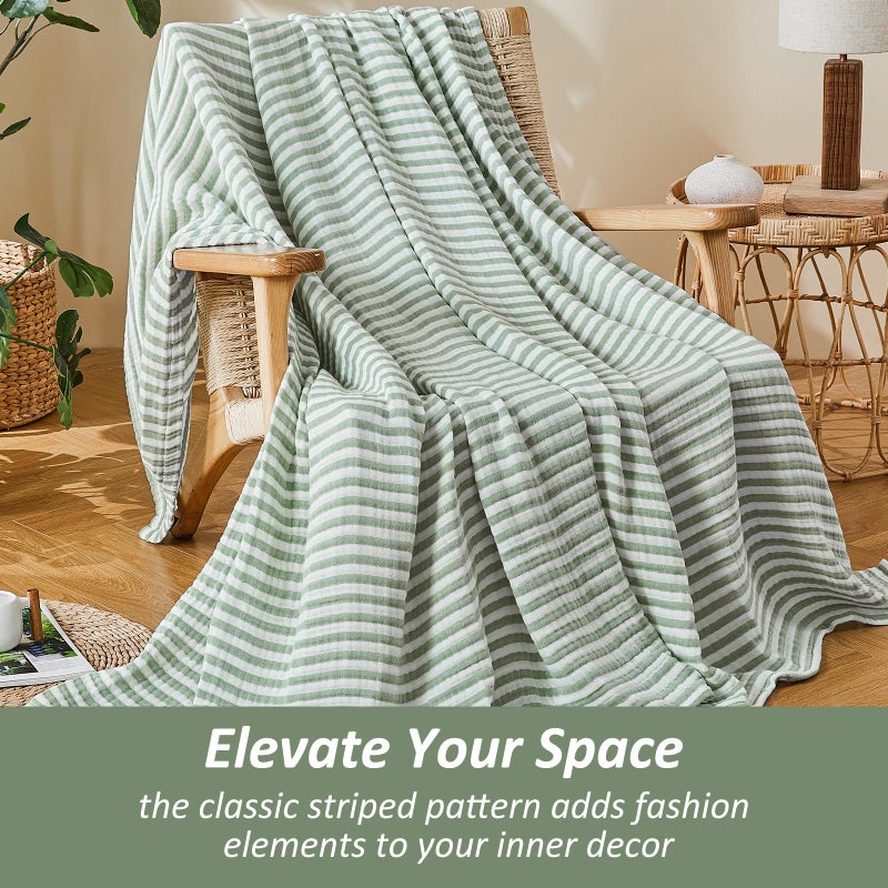 EMME Cotton Muslin Large Throw Blanket Couch Breathable Gauze Soft Lightweight Bed Blankets Adults (Striped Sage Green, 50"x70") - Image 4