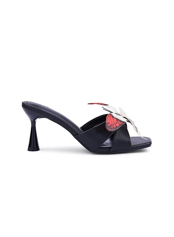 Embroidered Open-Toe Mule Heels