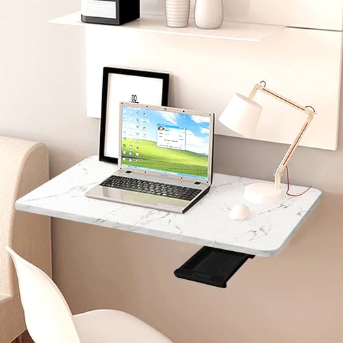 QARA 24X16 Inches Wood Wall Mounted Round Corner Folding Wall Study Table| Wall Mount Table With Drawer | Foldable Laptop Desk | (Roman Marble), White - Image 2