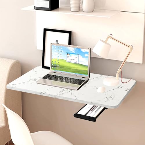 QARA 24X16 Inches Wood Wall Mounted Round Corner Folding Wall Study Table| Wall Mount Table With Drawer | Foldable Laptop Desk | (Roman Marble), White - Image 1