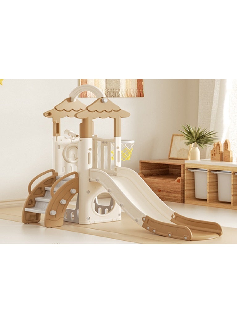 فول جوي زحليقة داخلية قائمة بذاتها مع بيت لعب للأطفال من عمر سنة إلى سنتين، لونها بني فاتح، مزودة بذراع، تتضمن طوق كرة سلة وكرة، زلاقة وحلقات كرة سلة وتلسكوب، أبعادها ٧٣ بوصة طول × ٤٧ بوصة عرض × ٦٥ بوصة ارتفاع - Image 2