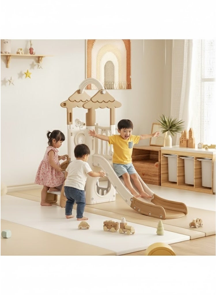 فول جوي زحليقة داخلية قائمة بذاتها مع بيت لعب للأطفال من عمر سنة إلى سنتين، لونها بني فاتح، مزودة بذراع، تتضمن طوق كرة سلة وكرة، زلاقة وحلقات كرة سلة وتلسكوب، أبعادها ٧٣ بوصة طول × ٤٧ بوصة عرض × ٦٥ بوصة ارتفاع - Image 5