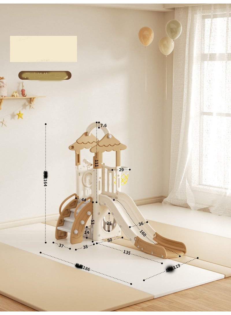 فول جوي زحليقة داخلية قائمة بذاتها مع بيت لعب للأطفال من عمر سنة إلى سنتين، لونها بني فاتح، مزودة بذراع، تتضمن طوق كرة سلة وكرة، زلاقة وحلقات كرة سلة وتلسكوب، أبعادها ٧٣ بوصة طول × ٤٧ بوصة عرض × ٦٥ بوصة ارتفاع - Image 4