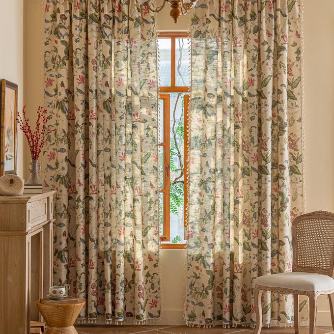 FLORAL CURTAINS 84 INCH LONG LIVING ROOM BOHO DRAPES BEDROOM 2 PANELS SEMI SHEER FLOOR LENGTH WINDOW CURTAIN PANELS VINTAGE ROD POCKET TASSEL FARMHOUSE NURSERY WINDOW TREATMENTS