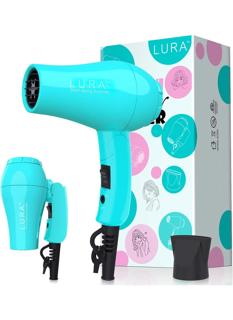 LURA Portable Travel Hair Dryer, Mini Lightweight Dual Voltage Blow Dryer 1200W with Folding Handle, with One Concentrator (Blue) 