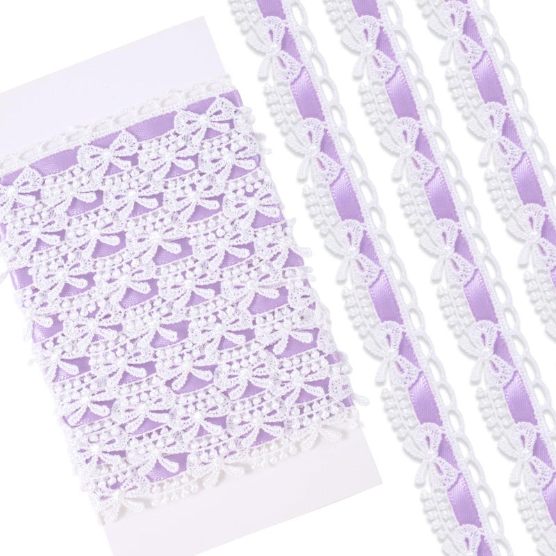 Winsyison 2 Yards Bow Lace Trim Ribbon Vintage Lace Ribbon Roll for Bridal Bow Trim Sewing Accessories for Bouquet Packaging Wrapping Wedding Decorations DIY Crafts Light Purple - Image 3
