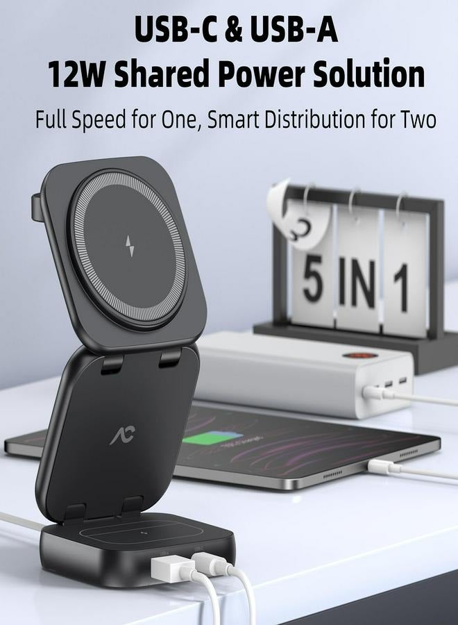 AC ISLAND Island 5 in 1 Wireless Charging Station, Foldable Mag-Safe Charger Stand, Travel Wireless Charger for iPhone 16/15/14/13/12 Series, Apple Watch S1-9/Ultra 2, for Airpods 3/2/Pro (Black) - Image 3