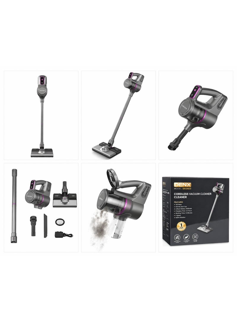 دينكس مكنسة كهربائية لاسلكية DENX موديل DX2923، قدرة 100 وات، سعة 400 مل، بطارية 2000mAh، 12 فولت - Image 2