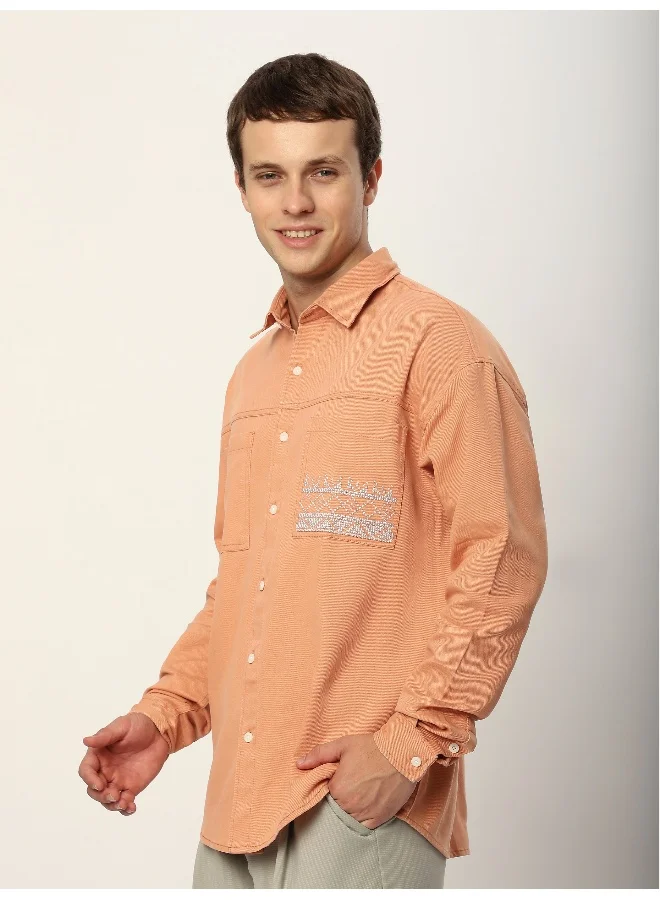 Beyoung Pastel Orange Dual Pocket Embroidered Shirt
