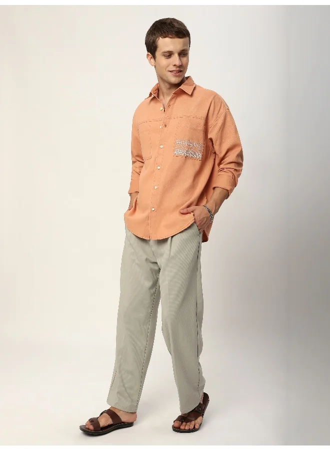 Beyoung Pastel Orange Dual Pocket Embroidered Shirt