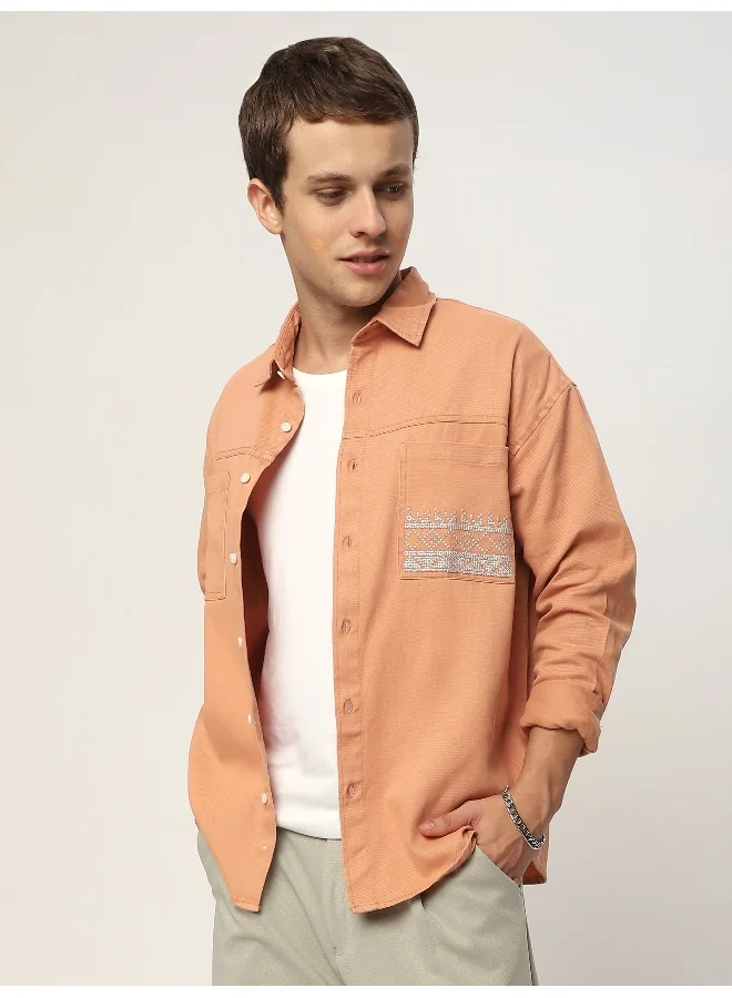 Beyoung Pastel Orange Dual Pocket Embroidered Shirt