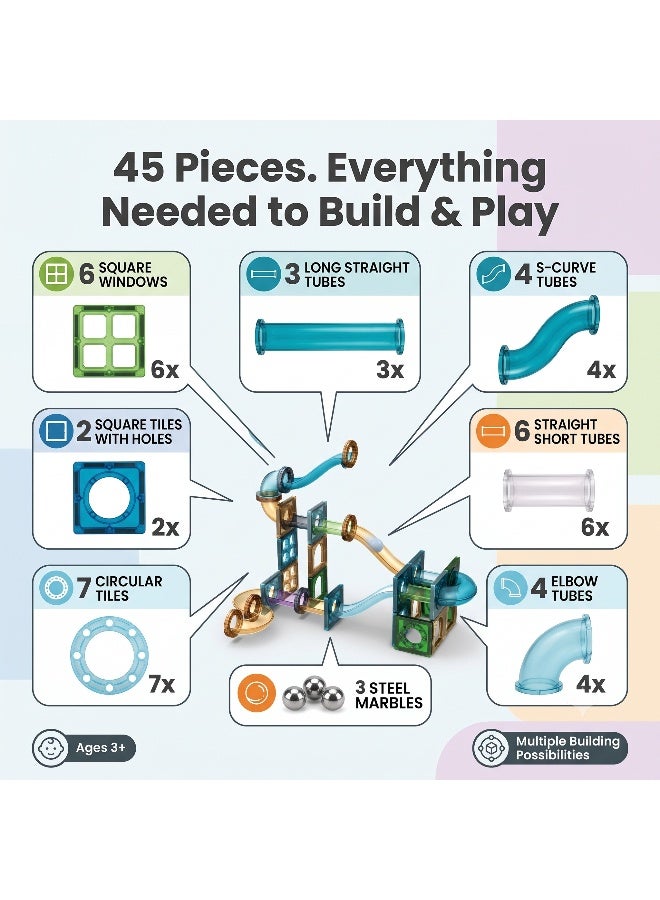 Magni Mates Magnetic Building Tiles Marble Track Set 45 Pieces – DIY Magnetic Blocks with Curved Slides, Tunnel Tubes and Ball Run System for Creative STEM Construction Play - Image 3