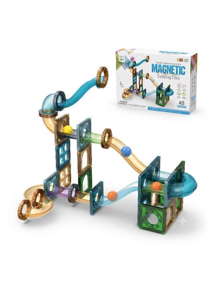 Magni Mates Magnetic Building Tiles Marble Track Set 45 Pieces – DIY Magnetic Blocks with Curved Slides, Tunnel Tubes and Ball Run System for Creative STEM Construction Play - Image 1
